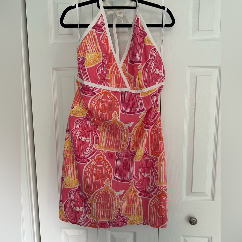 VGUC Lilly Pulitzer out to lunch birdcage Britt halter dress glows
